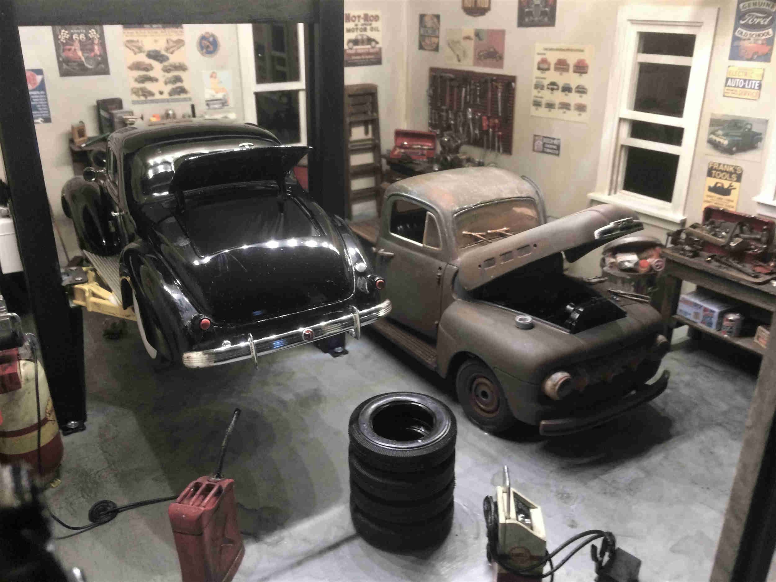 View of whole garage with lights on